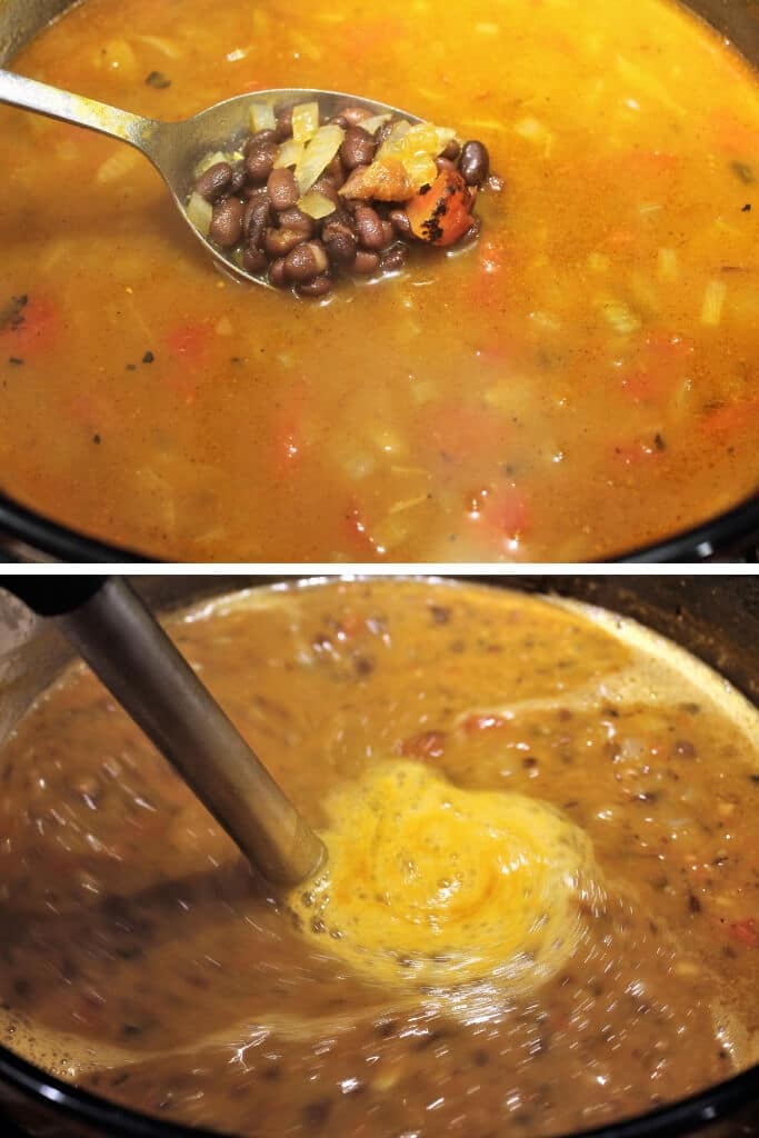 The process of cooking the pumpkin and beans an then blending it to make the soup creamy.