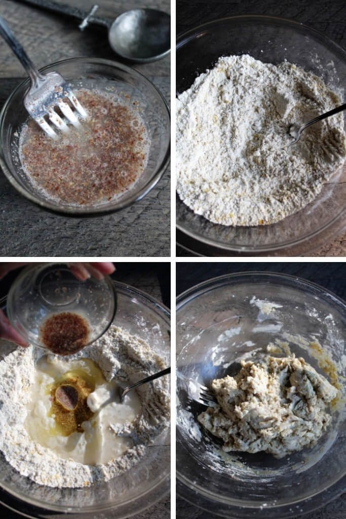 Four pictures showing the process of mixing the flax egg, and mixing the dry and wet ingredients to form a dough.
