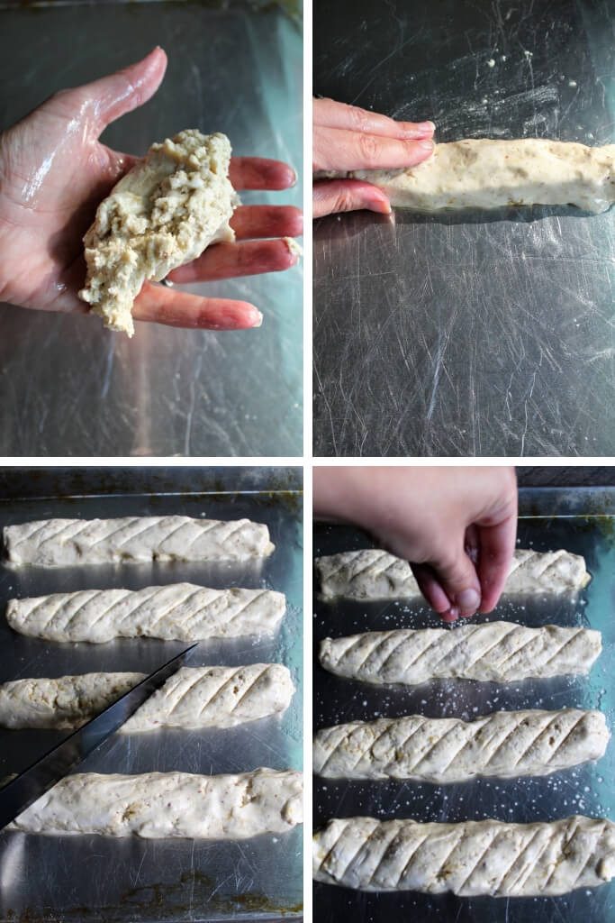 Four pictures showing how to shape the gluten free vegan bread sticks into their shape and sprinkling with salt before they are baked. 