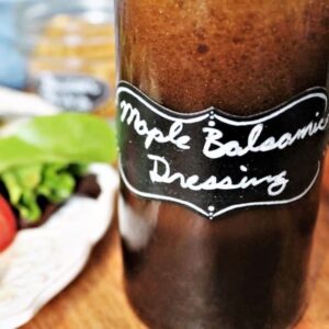 A bottle of homemade maple balsamic dressing.