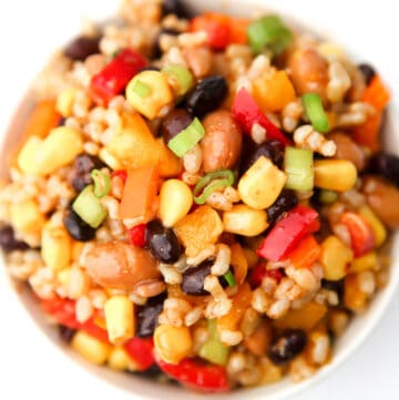 A close up top view of a bowl of vegan bean salad with beans, rice, chopped bell peppers, and green onions.