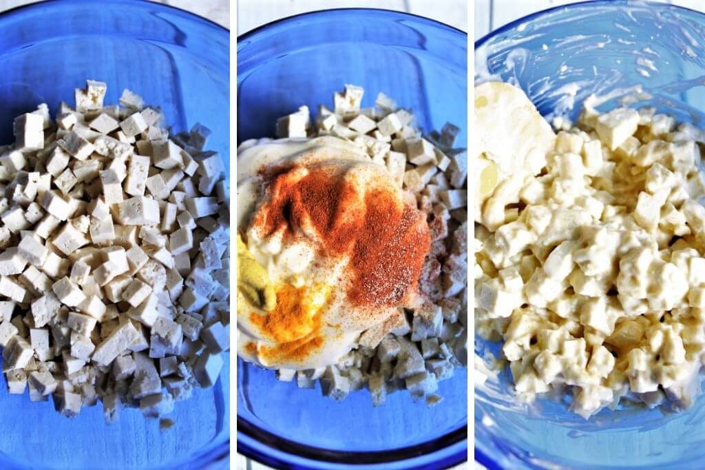 A series of 3 pictures showing the process steps of making tofu egg salad starting with cubed tofu, adding vegan mayo and spices and mixing it until it becomes a vegan egg salad mixture. 
