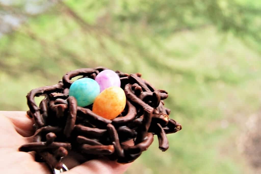 A vegan bird's nest cookie filled with jelly beans in someone's hand.