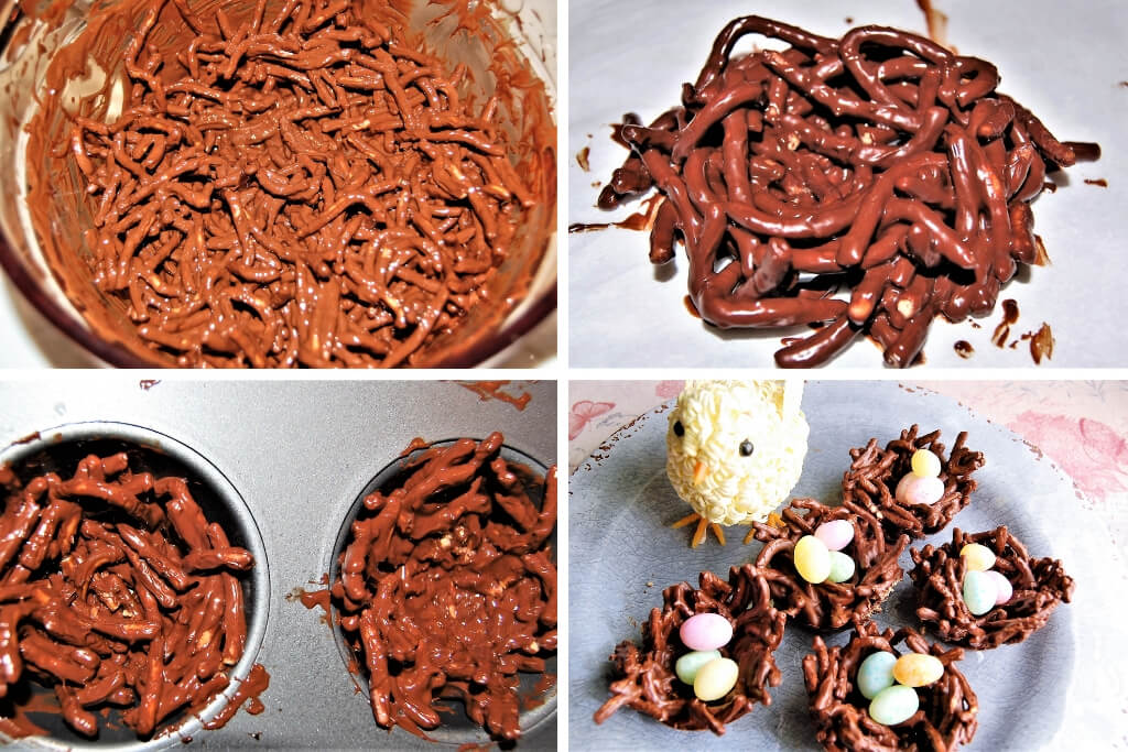 A college of 4 pictures showing the process steps for making gluten free and vegan bird nest cookies by mixing melted chocolate with chow mein noodles or gluten free pretzels to form nest shaped cookies. 