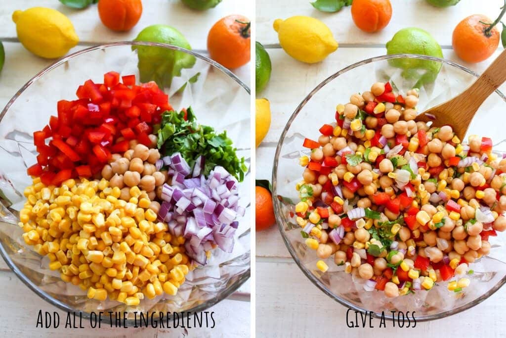 A college of 2 pictures showing adding all the ingredients and mixing the citrus salad.