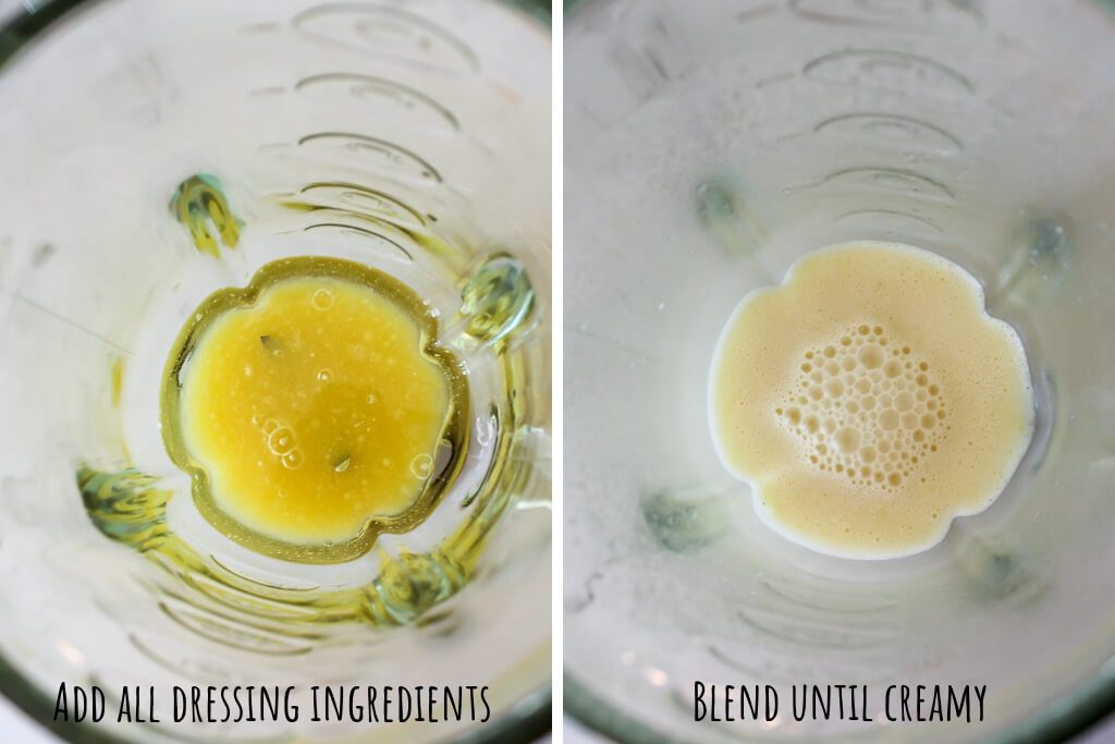 A college of 2 pictures showing before and after mixing the citrus dressing.
