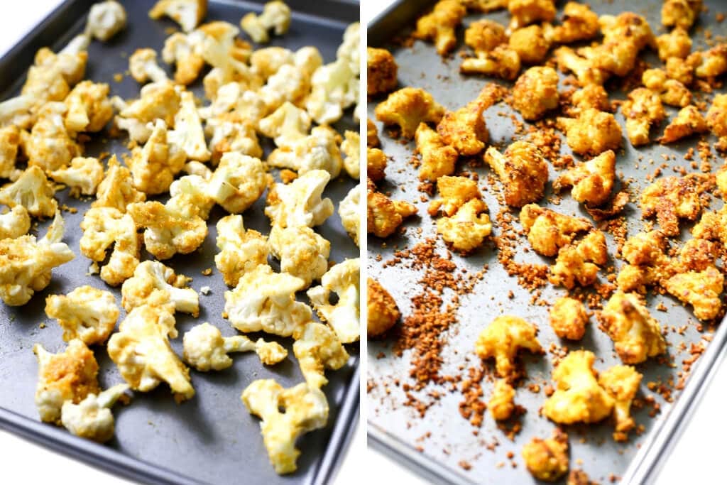 Two images of the roasted cauliflower before and after baking.
