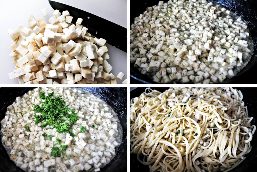 A college of 4 pictures showing how to cut and cook the king mushrooms to make the vegan clam sauce.