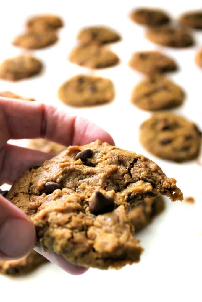 A close up of a soft batch gluten free and vegan carob chip cookie with a bite taken out of it.