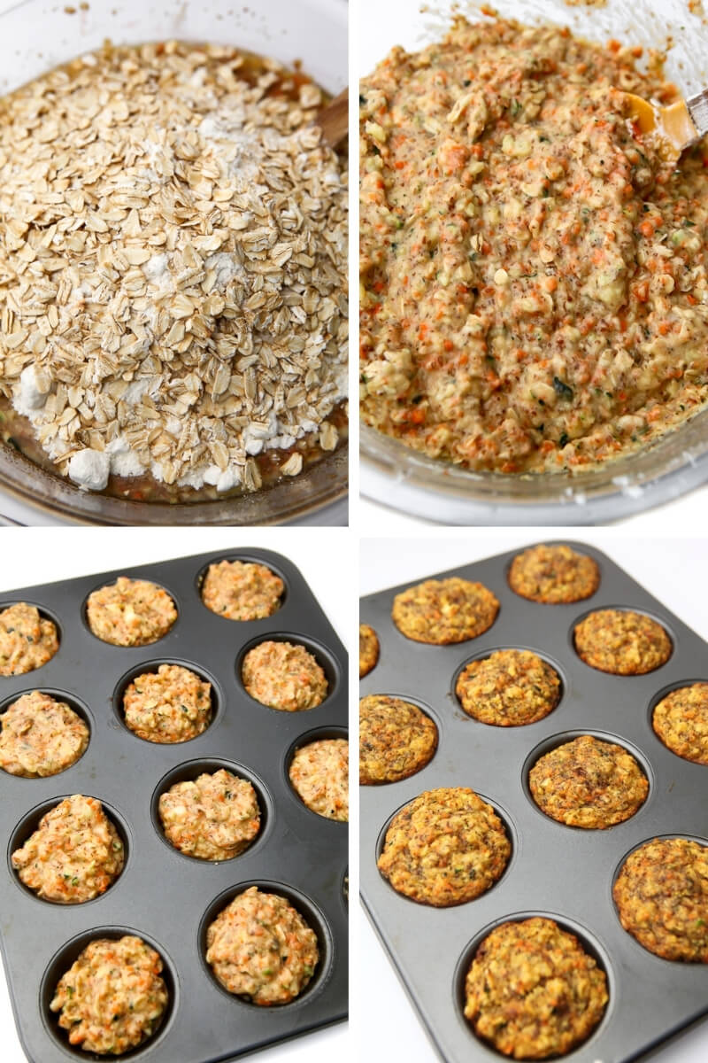 A collage of 4 pictures showing the process steps for mixing the dry ingredients with the wet and baking the zucchini carrot muffins.