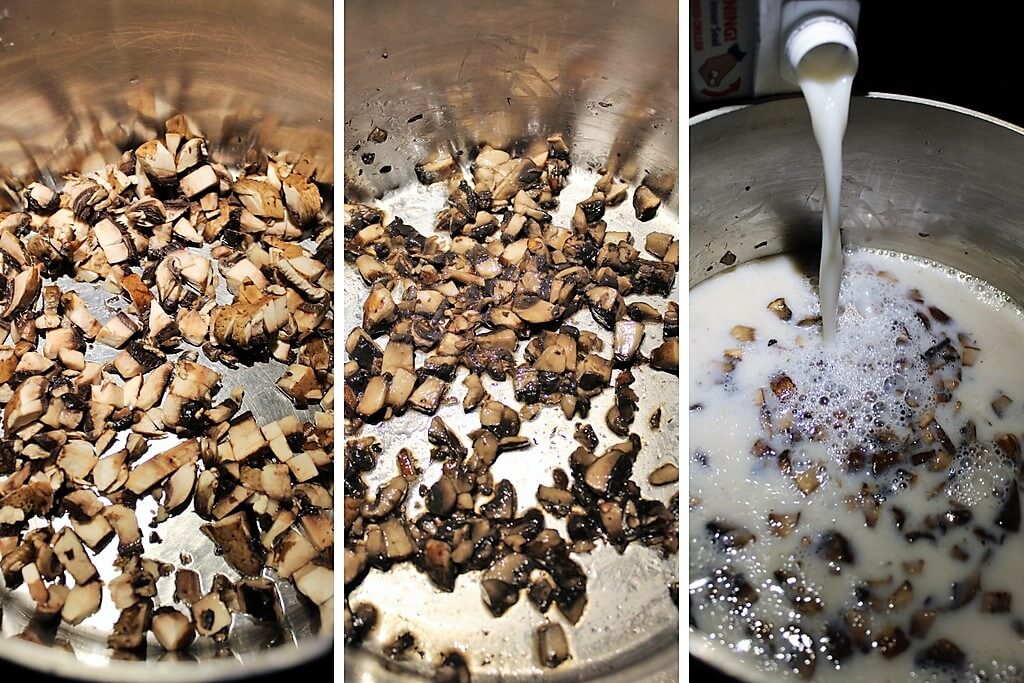 A collage of 3 pictures showing the process of cooking the mushrooms and adding the plain soy milk to make the vegan cream of mushroom soup.