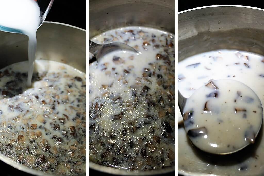 A series of 3 pictures showing the process of adding potato starch and water to the soy milk and mushrooms to make the vegan cream of mushroom soup.