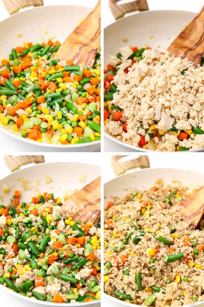 A collage of 4 pictures showing the process of making tofu fried rice by cooking the veggies, adding tofu, and then rice.