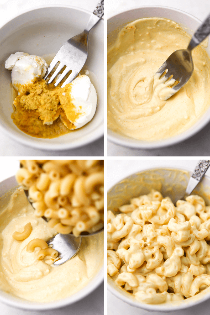 A collage of 4 images showing the process steps for making an individual serving of vegan mac and cheese.