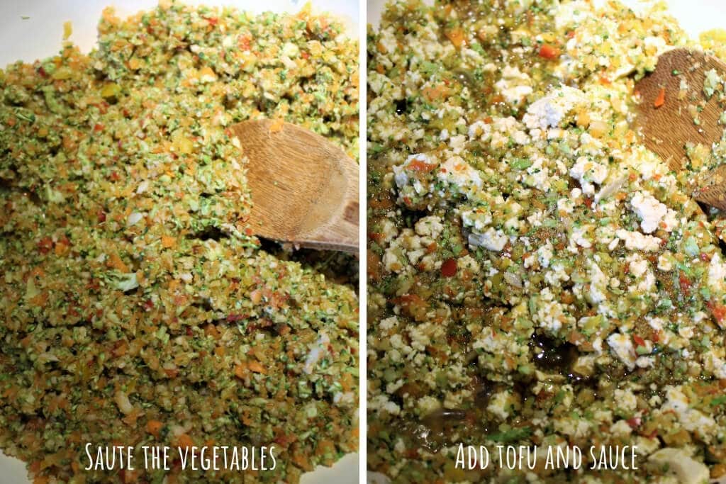 Two pictures showing the process of making vegan lettuce wraps by sauteing veggies in a pan and then adding crumbled tofu.