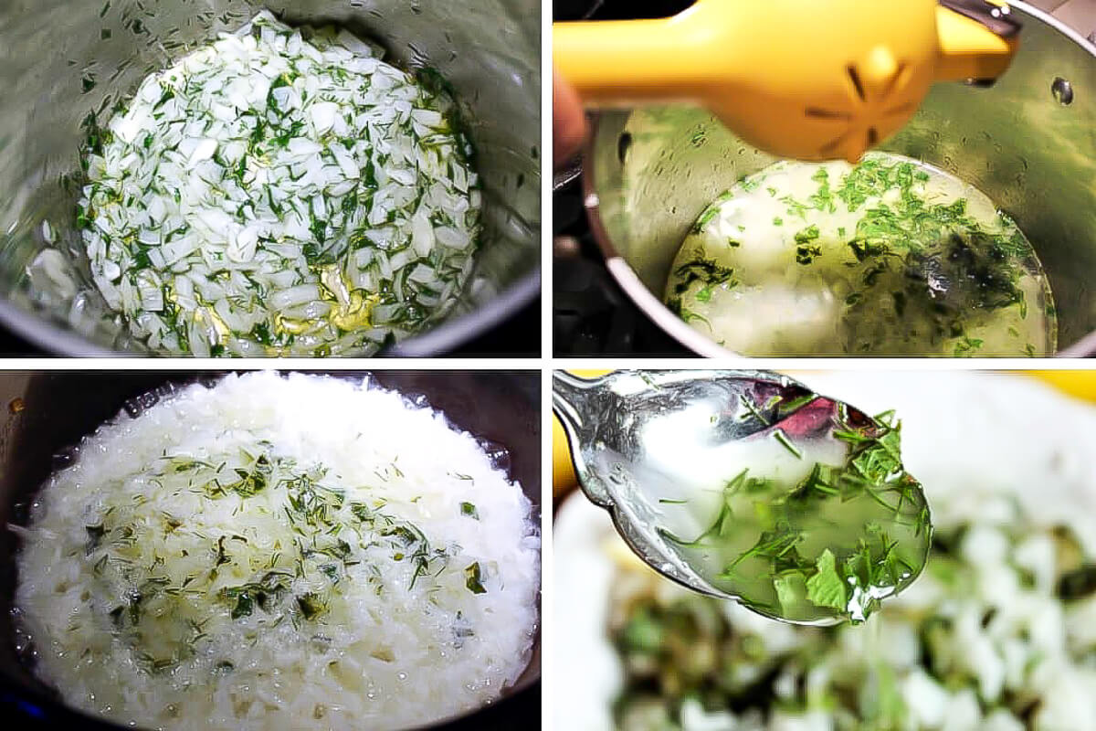 A collage of 4 pictures showing the process of cooking the onions, herbs, lemon juice, and rice to make lemon rice.