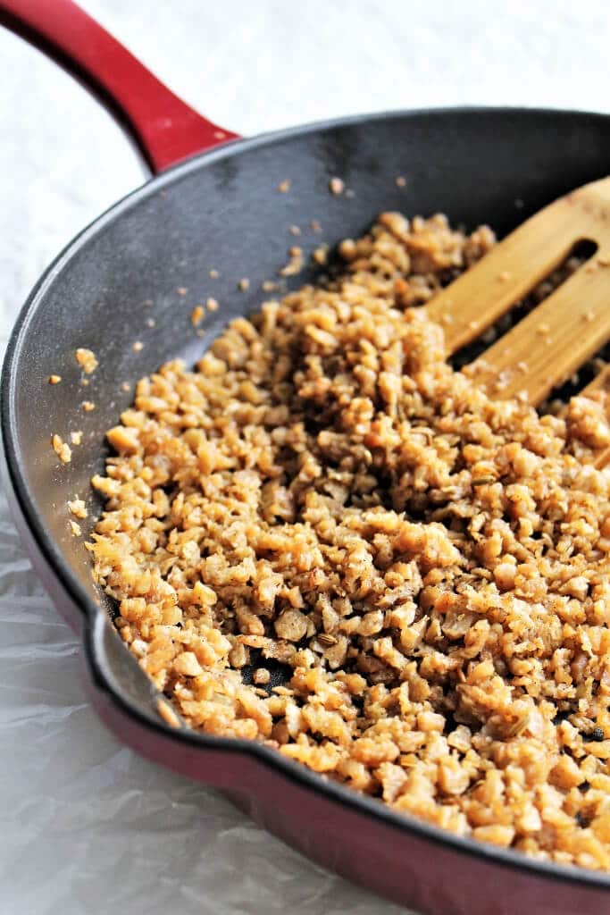 Frying up the re-hydrated TVP to make vegan sausage crumbles to use for making pastas, lasagna, or vegan sausage soups.