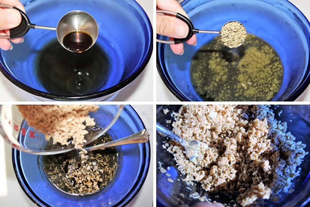 A collage of 4 pictures showing the process steps for making the vegan sausage filling by making a flavored broth and adding TVP and oats.