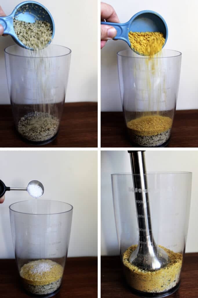 A series of 4 pictures showing the steps for making vegan Parmesan cheese with no nuts.