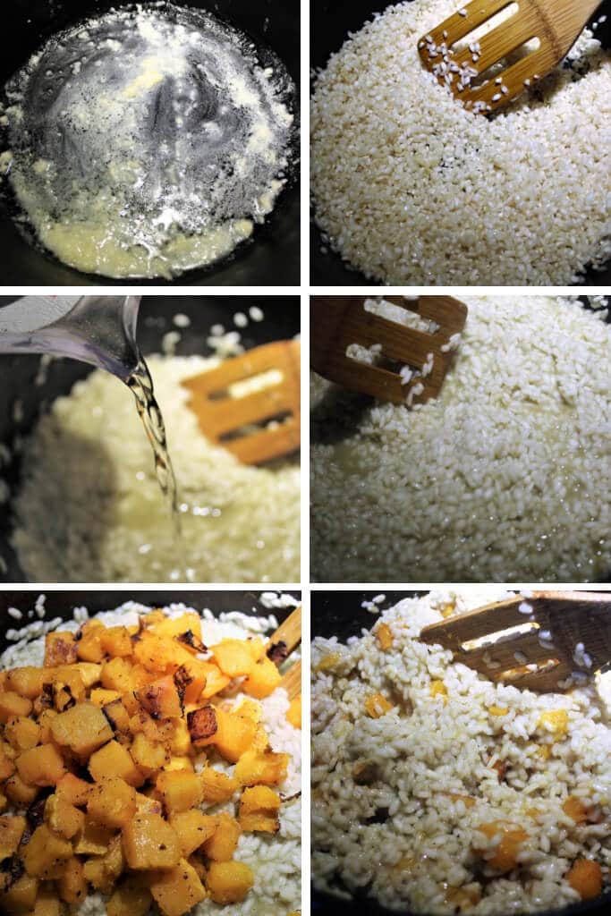 A series of 6 pictures showing the steps for making vegan butternut squash risotto by adding the rice to vegan butter and then slowly adding wine and broth then mixing in the roasted butternut squash.