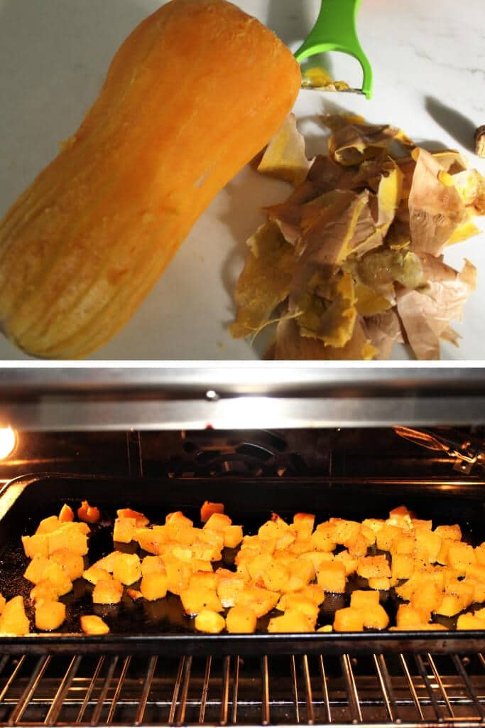  A collage of 2 pictures showing how to peel, cube and roast squash to make butternut squash risotto.