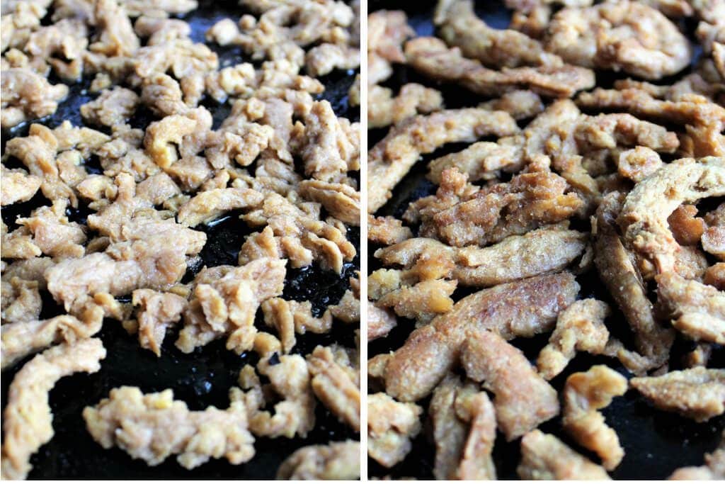 The process of the soy curls baking to make vegan jerky. Showing the process of before and after.