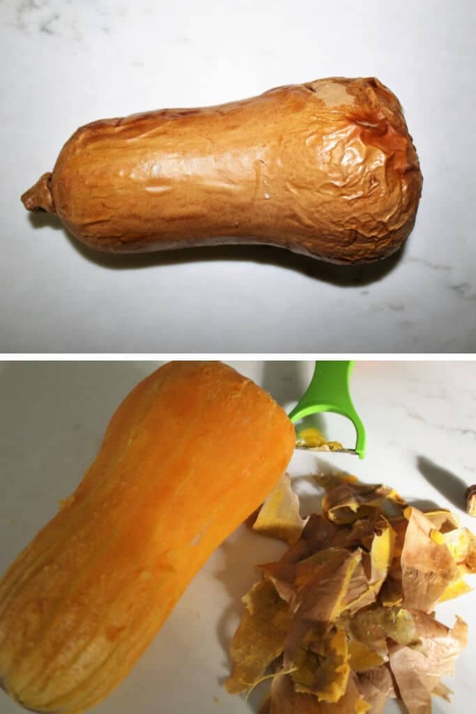 A collage of 2 pictures showing how to peel a butternut squash.
