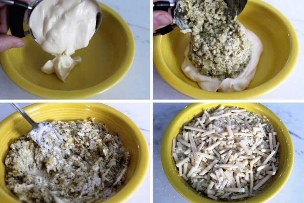 A series of 4 pictures showing the process steps to make a very easy artichoke dip served hot with vegan cheese.