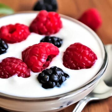 A bowl of soy yogurt topped with berries.