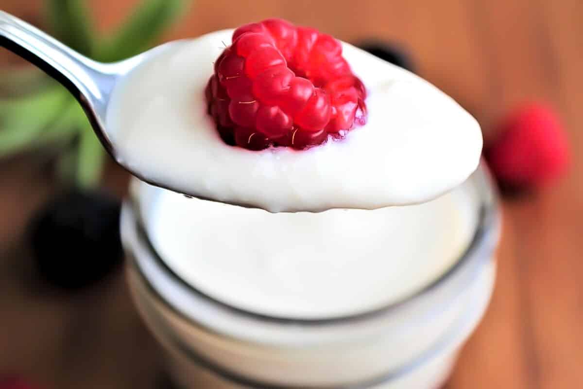 Soy yogurt in a small mason jar being scooped up with a spoon.