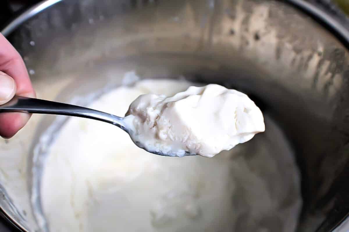 A spoonful of soy yogurt being scooped out of an Instant Pot.