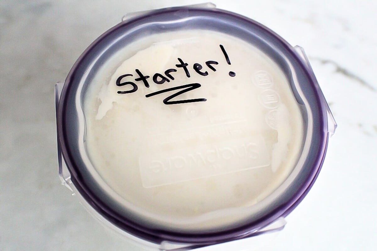 A container full of plain soy yogurt to use as starter.