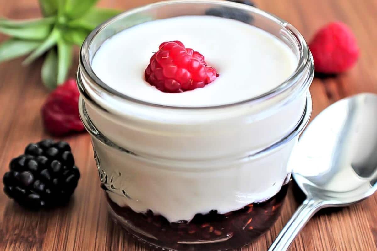 Homemade raspberry fruit on the bottom soy yogurt.