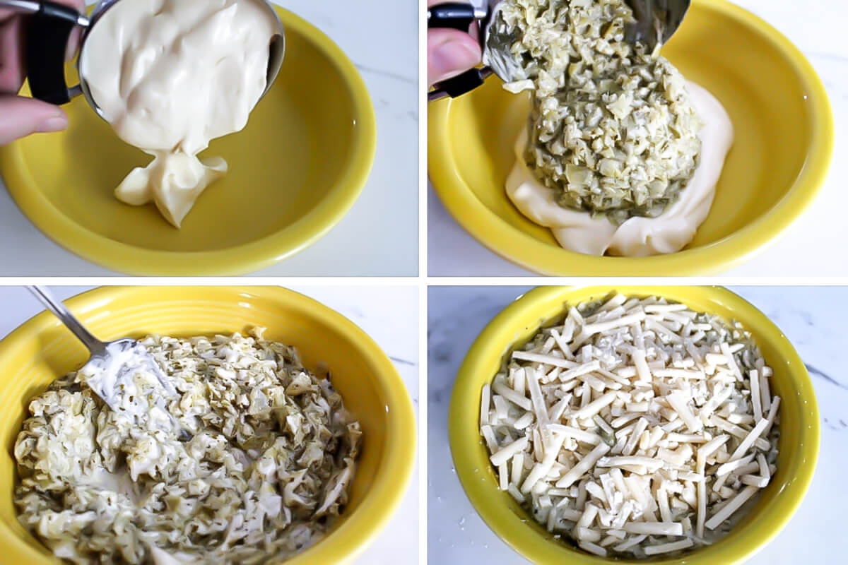 A series of 4 pictures showing the process steps to make a very easy vegan artichoke dip served hot with vegan cheese.
