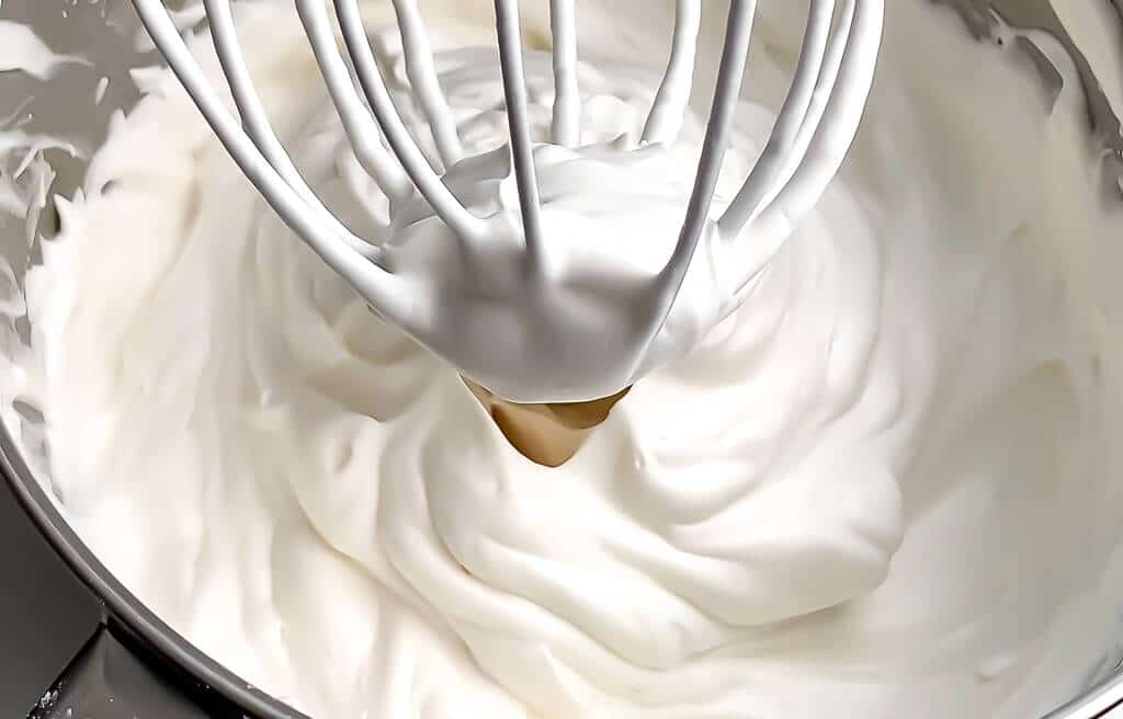 A bowl of fluffy vegan cool whip made from aquafaba in a kitchen aid mixer.