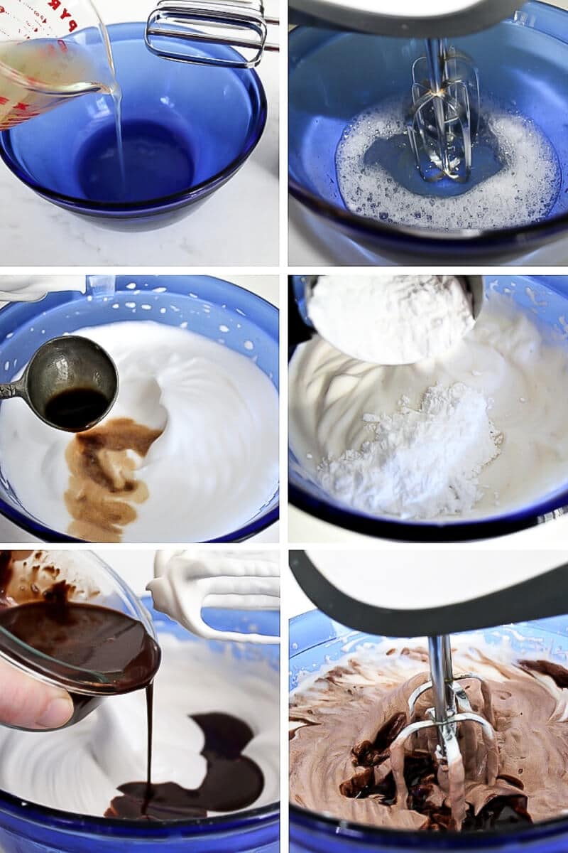 Six pictures showing the process of making vegan chocolate mouse with aquafaba.