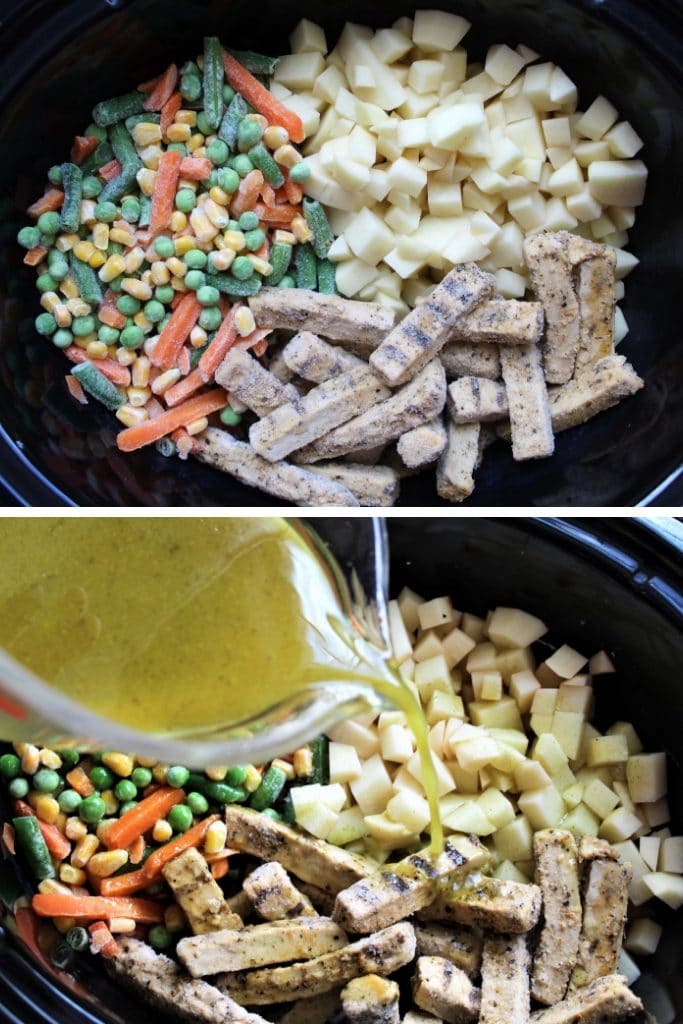 The vegetables for the vegan chicken pot pie in the crock pot and the process of pouring in the broth.