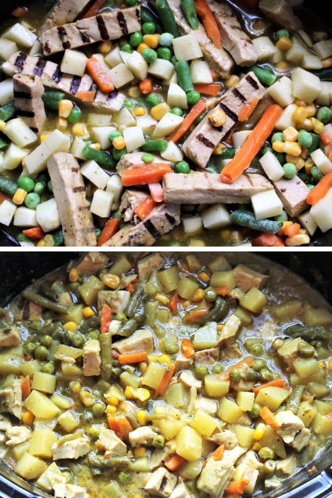 The vegetables, vegan chicken, and potatoes mixed with vegan gravy in the crock pot before and after cooking.