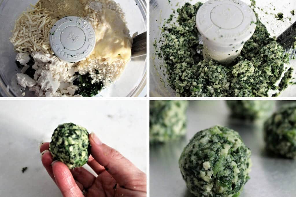 A collage of 4 pictures showing the process of mixing the ingredients in a food processor, forming the spinach balls, and placing them on a cookie try to bake.