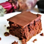 A close up pictures of a veggie brownie with hidden zucchini and beets.