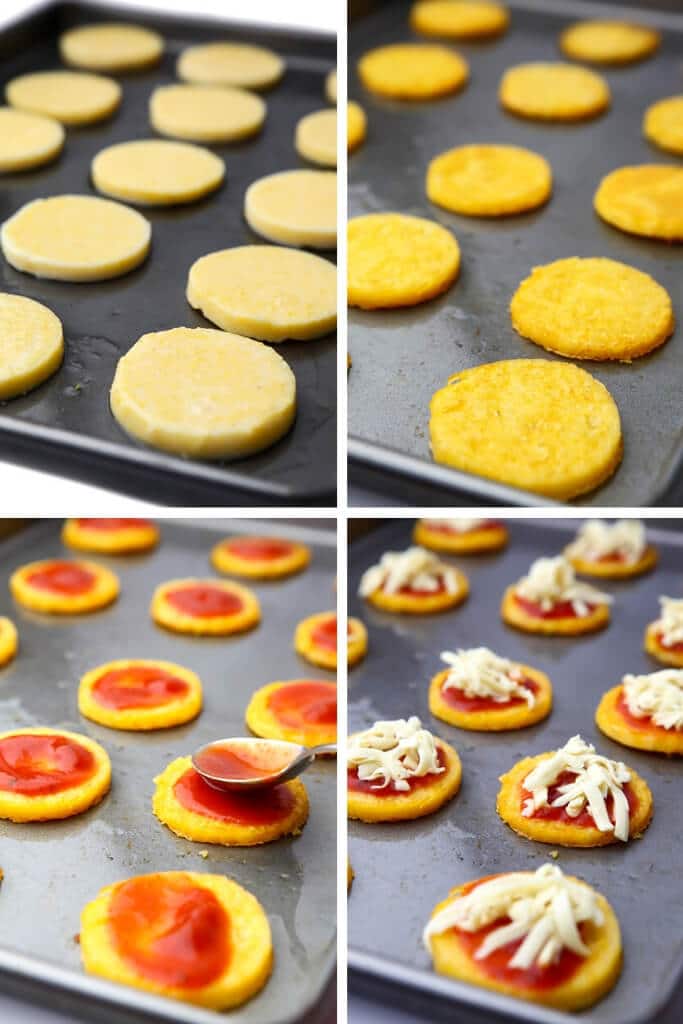 A series of 4 pictures showing the process steps of baking sliced polenta, then adding toppings, baking it again to make polenta pizza bites.