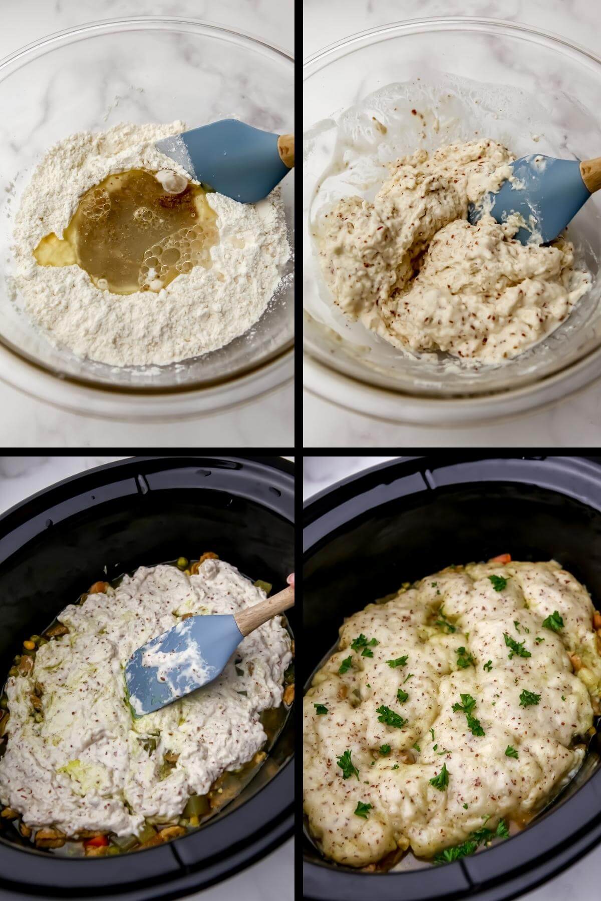 A collage of 4 images showing the process steps for making a biscuit topping for a pot pie.