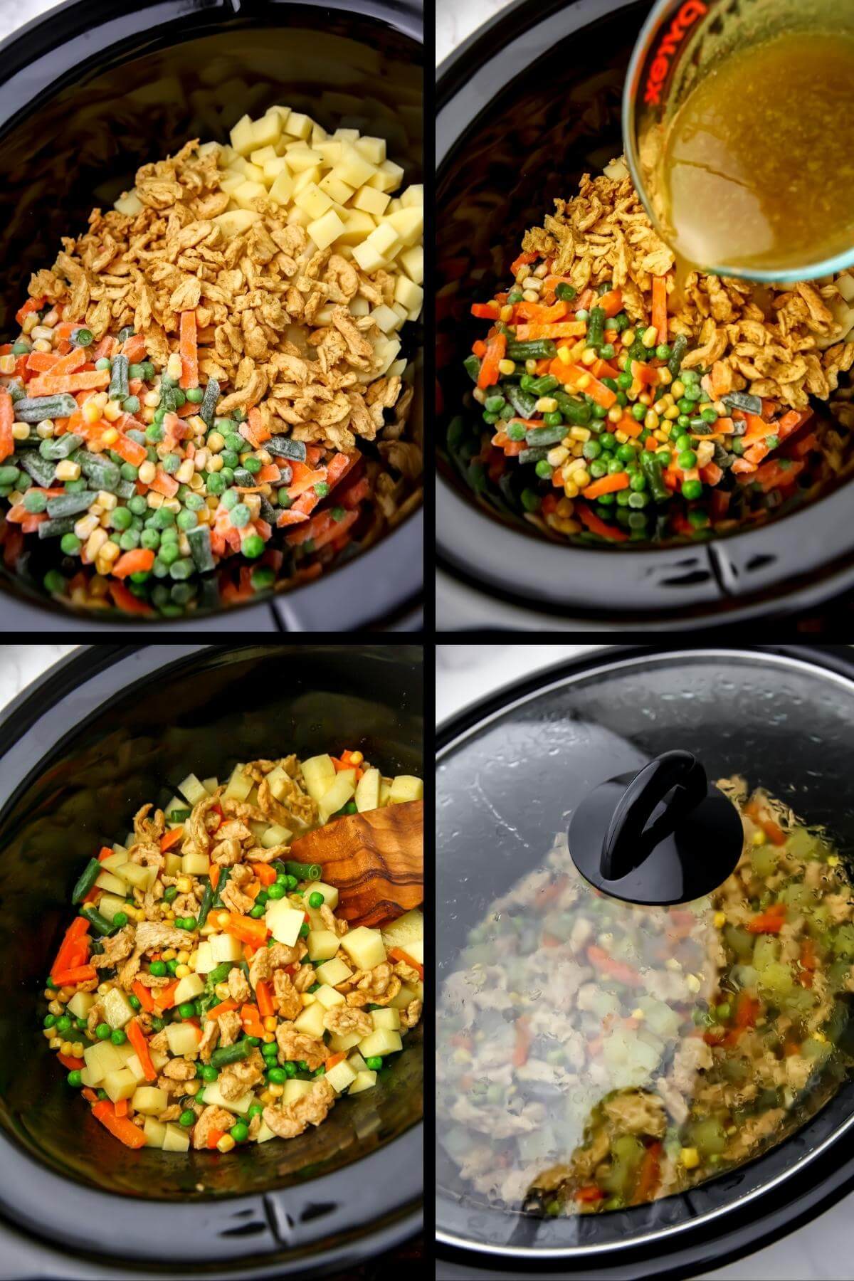 A collage of 4 images showing the process of adding the veggies and vegan chicken to a slow cooker then adding the gravy ingredients and covering it.