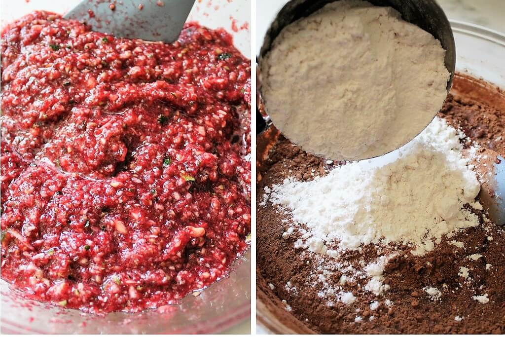 Purred beets and chopped zucchini with added flour and chocolate for veggie brownies.