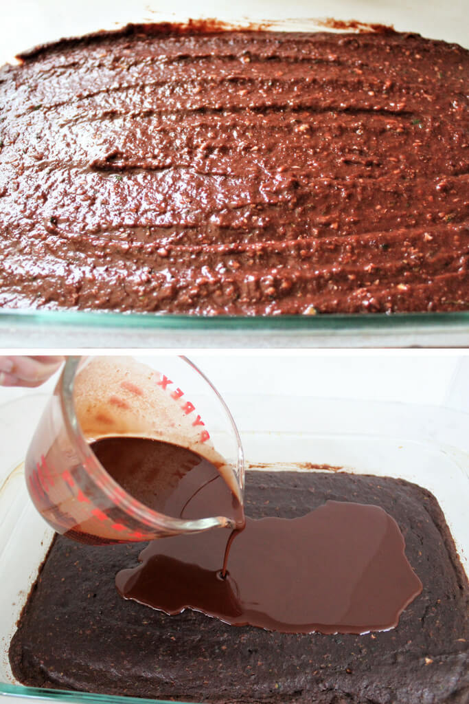 A series of two pictures showing the brownies before and after baking and pouring the chocolate fudge frosting on the baked brownies.