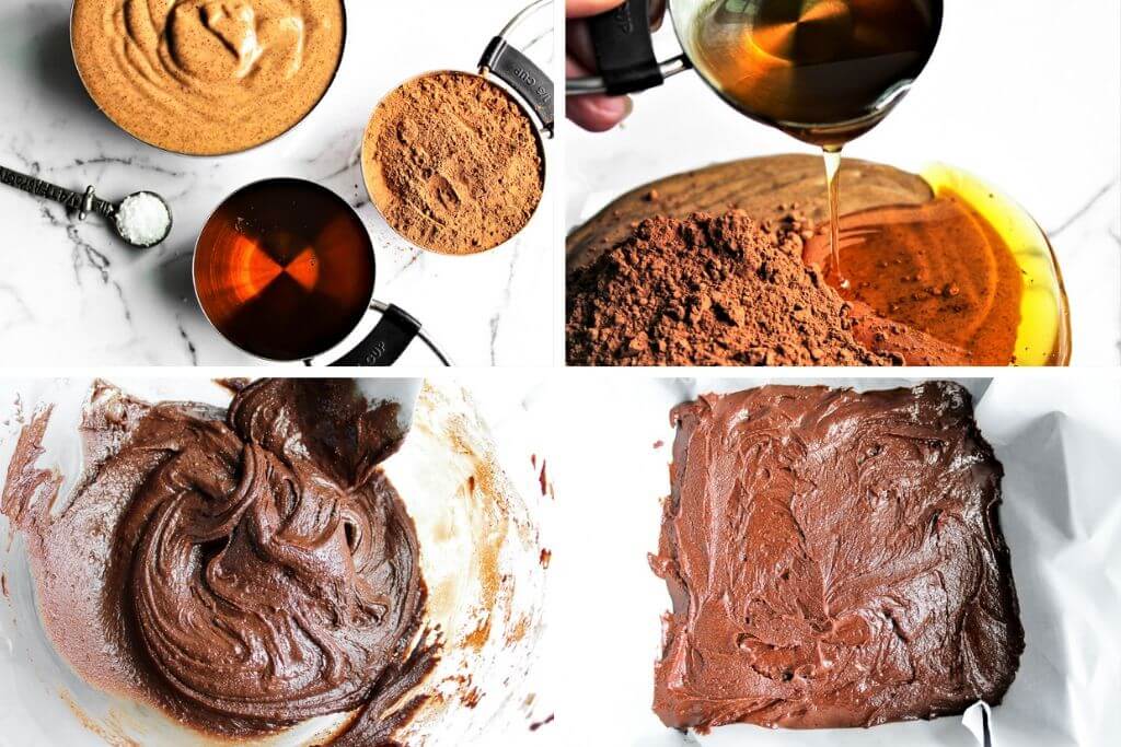 A four photo collage showing the process of making healthy freezer fudge. 