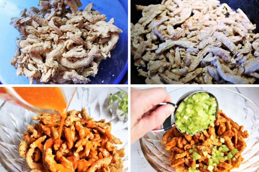A series of 4 pictures showing the steps for making vegan buffalo chicken salad with Butler soy curls.