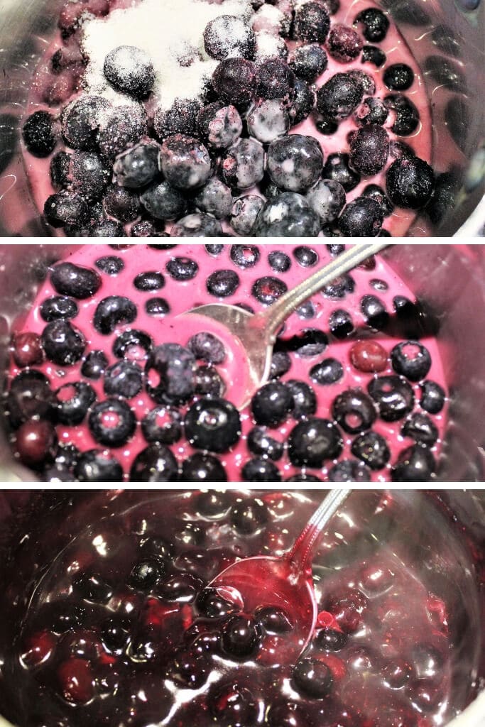The steps for making berry compote. Berries before, during and after the cooking process.