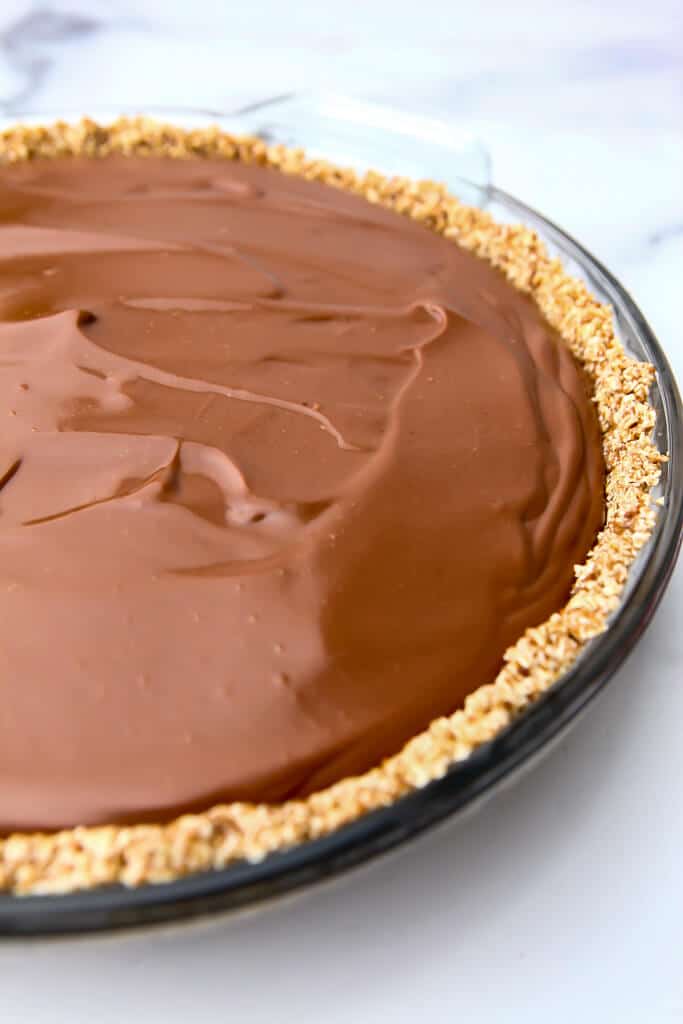 Vegan chocolate pie in a gluten-free graham cracker crust.