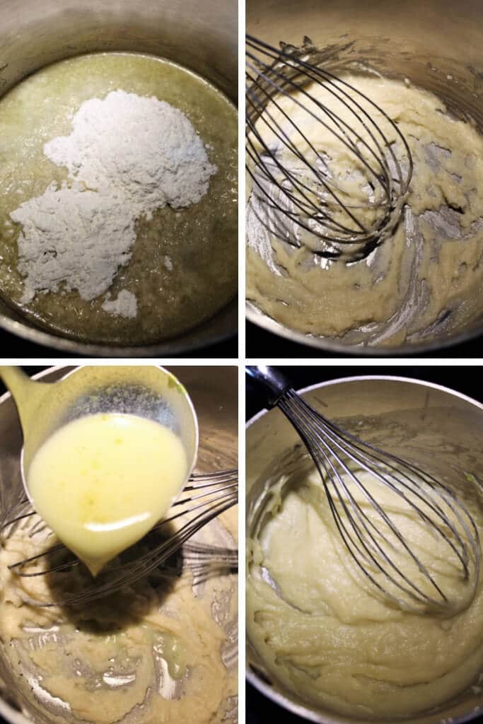 A series of 4 pictures showing the step to make a gluten free vegan roux by mixing oil and flour and adding hot broth and stirring with a whisk between scoops.